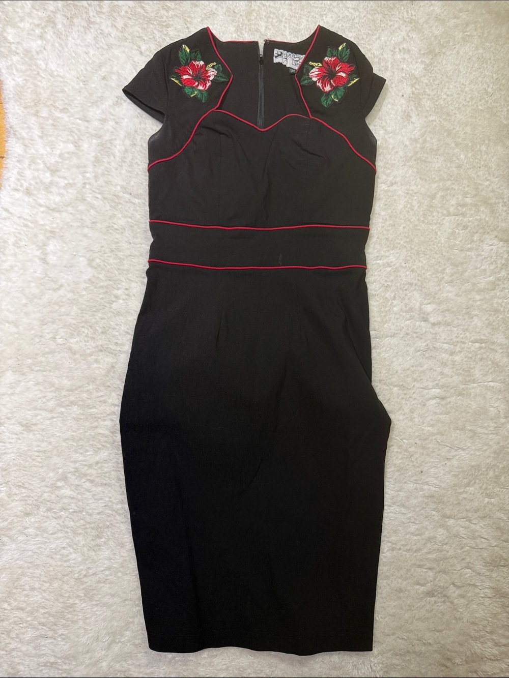 Hell Bunny Black Midi Dress with Red Floral Embroidery